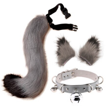 (Gray and Black, Tail 65cm) Halloween Handmade Wolf Ear Hair Clip & Fox Tail Cosplay Set – Personalized Bell Neck Collar Accessories