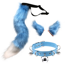(Sky Blue, Tail 65cm) Halloween Handmade Wolf Ear Hair Clip & Fox Tail Cosplay Set – Personalized Bell Neck Collar Accessories