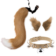 (Beige, Tail 65cm) Halloween Handmade Wolf Ear Hair Clip & Fox Tail Cosplay Set – Personalized Bell Neck Collar Accessories