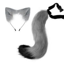 (Gray) Halloween Fox Tail Headband Adjustable Plush Ears Cosplay Costume Kit