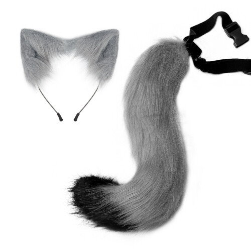 (Gray) Halloween Fox Tail Headband Adjustable Plush Ears Cosplay Costume Kit