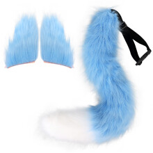 (Blue White) Halloween Fox Ears Tail Set Cosplay Handmade Plush Animal Accessories