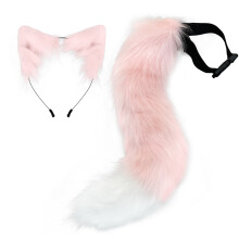 (Pink) Halloween Fox Tail Headband Adjustable Plush Ears Cosplay Costume Kit