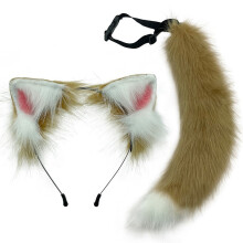 (Camel White) Simulation Plush Fox Tail & Wolf Ear Headband Set - Cute Adjustable Fox Ear Accessories