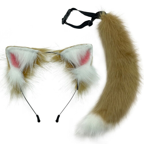 (Camel White) Simulation Plush Fox Tail & Wolf Ear Headband Set - Cute Adjustable Fox Ear Accessories