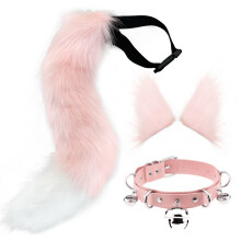 (Pink, Tail 65cm) Halloween Handmade Wolf Ear Hair Clip & Fox Tail Cosplay Set – Personalized Bell Neck Collar Accessories