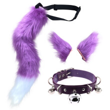 (Purple, Tail 65cm) Halloween Handmade Wolf Ear Hair Clip & Fox Tail Cosplay Set – Personalized Bell Neck Collar Accessories