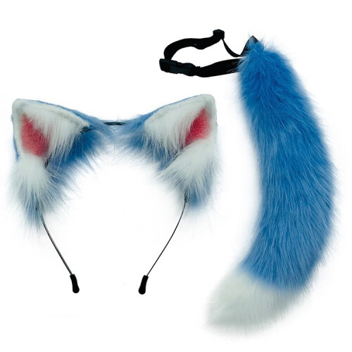 (Blue White) Simulation Plush Fox Tail & Wolf Ear Headband Set - Cute Adjustable Fox Ear Accessories