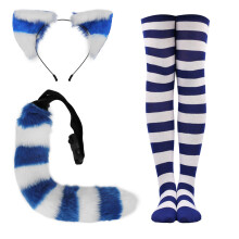 (Royal Blue) Realistic Plush Cat Ears & Tail Set Cosplay Beast Ear Headband Halloween Striped Long Socks Accessories Props