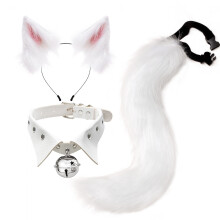 (White and Pink) Cosplay Fox Ear & Tail Set Punk Collar Style Handmade Realistic Headband