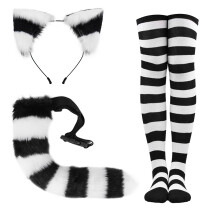 (Black White) Realistic Plush Cat Ears & Tail Set Cosplay Beast Ear Headband Halloween Striped Long Socks Accessories Props