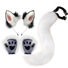 (White) Halloween Fox Beast Ear & Tail Set with Gloves, Handmade Plush Cosplay Claw Props