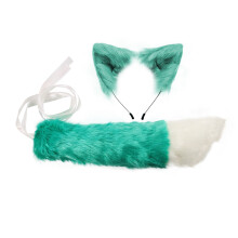 (Cyan) Handmade Cosplay Kids Anime Fox Rabbit Fur Beast Ear Headband Tail Set