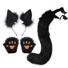 (Black) Halloween Fox Beast Ear & Tail Set with Gloves, Handmade Plush Cosplay Claw Props