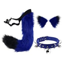 (Blue-black, Tail 65cm) Halloween Handmade Wolf Ear Hair Clip & Fox Tail Cosplay Set – Personalized Bell Neck Collar Accessories