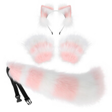 (Pink and White) Plush Faux Fox Wolf Ear Headband & Beast Tail Set Cosplay Prop