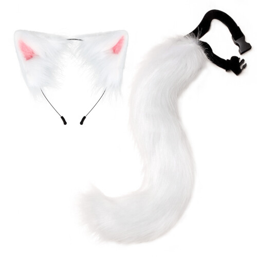 (White) Halloween Fox Tail Headband Adjustable Plush Ears Cosplay Costume Kit