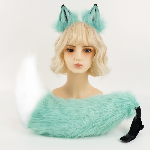 (Mint Green) Halloween Wolf Tail Set with Ears, Plush Beast Tail & Fox Tail Cosplay Props for Comic Con