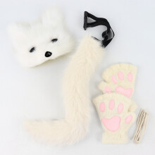(White three-piece suit) Simulation Fox Mask, Fingerless Gloves, Beast Claw & Tail Set, Cosplay Plush Mask, Party Costume Props