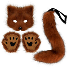 (Red-brown three-piece suit) Realistic Fox Mask Halloween Costume Handmade Animal Tail Plush Fox Tail Cosplay Props Accessories Gloves