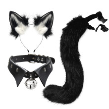 (Black 1) Cosplay Fox Ear & Tail Set Punk Collar Style Handmade Realistic Headband