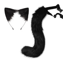 (Black) Halloween Fox Tail Headband Adjustable Plush Ears Cosplay Costume Kit