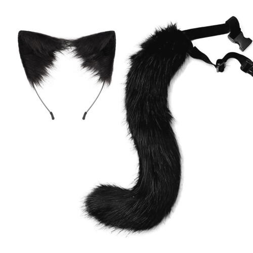 (Black) Halloween Fox Tail Headband Adjustable Plush Ears Cosplay Costume Kit