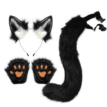 (Black White) Halloween Fox Beast Ear & Tail Set with Gloves, Handmade Plush Cosplay Claw Props