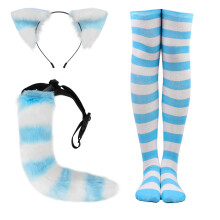 (Light Blue) Realistic Plush Cat Ears & Tail Set Cosplay Beast Ear Headband Halloween Striped Long Socks Accessories Props