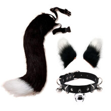 (Black White, Tail 65cm) Halloween Handmade Wolf Ear Hair Clip & Fox Tail Cosplay Set – Personalized Bell Neck Collar Accessories