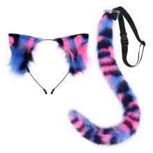 (Blue Pink Suit) Handmade Faux Fur Cat Ears Headband & Tail Set Three-Color Cosplay Beast Tail Prop