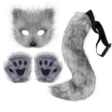 (Dark gray three-piece suit) Realistic Fox Mask Halloween Costume Handmade Animal Tail Plush Fox Tail Cosplay Props Accessories Gloves