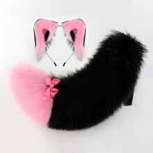 (Black and Pink) Beast Ear Tail Set, Fluffy Plush Cosplay Accessories, Handmade Cute Ear & Tail Kit