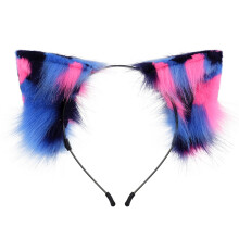 (Blue Pink Ears) Handmade Faux Fur Cat Ears Headband & Tail Set Three-Color Cosplay Beast Tail Prop
