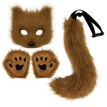 (Brown three-piece suit) Realistic Fox Mask Halloween Costume Handmade Animal Tail Plush Fox Tail Cosplay Props Accessories Gloves