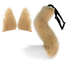 (Beige) Halloween Fox Ears Tail Set Cosplay Handmade Plush Animal Accessories