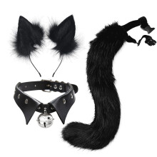 (Black) Cosplay Fox Ear & Tail Set Punk Collar Style Handmade Realistic Headband