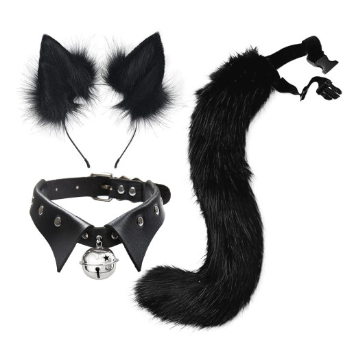 (White) Cosplay Fox Ear & Tail Set Punk Collar Style Handmade Realistic Headband 2