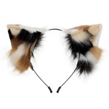 (Black Camel Ears) Handmade Faux Fur Cat Ears Headband & Tail Set Three-Color Cosplay Beast Tail Prop