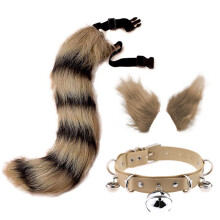 (Yellow Black, Tail 65cm) Halloween Handmade Wolf Ear Hair Clip & Fox Tail Cosplay Set – Personalized Bell Neck Collar Accessories