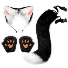 (Black White) Halloween Handmade Cat Set: Animal Ear Headband & Fingerless Claw Gloves Cosplay Accessories