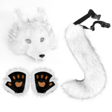 (Fox) Simulation Wolf Mask Set Wolf Tooth 3D Cos Animal Tail Plush Drooping Tail Halloween Ball Party Prop