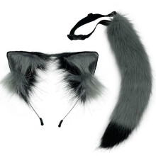 (Gray and Black) Simulation Plush Fox Tail & Wolf Ear Headband Set - Cute Adjustable Fox Ear Accessories