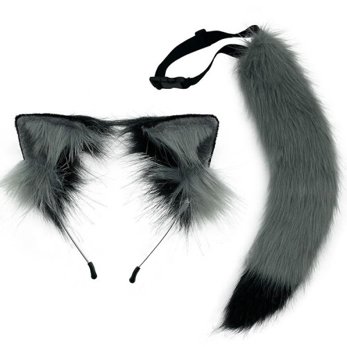 (Gray and Black) Simulation Plush Fox Tail & Wolf Ear Headband Set - Cute Adjustable Fox Ear Accessories