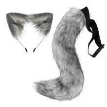 (Dark Gray) Halloween Fox Tail Headband Adjustable Plush Ears Cosplay Costume Kit