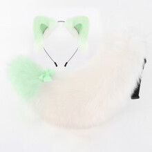 (Mint Green and White) Beast Ear Tail Set, Fluffy Plush Cosplay Accessories, Handmade Cute Ear & Tail Kit
