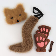 (Brown three-piece suit) Simulation Fox Mask, Fingerless Gloves, Beast Claw & Tail Set, Cosplay Plush Mask, Party Costume Props