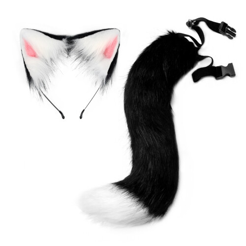 (White Camel) Halloween Fox Tail Headband Adjustable Plush Ears Cosplay Costume Kit 1