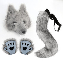 (Dark Gray) Simulation Wolf Mask Set Wolf Tooth 3D Cos Animal Tail Plush Drooping Tail Halloween Ball Party Prop