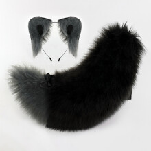 (Black Gray) Beast Ear Tail Set, Fluffy Plush Cosplay Accessories, Handmade Cute Ear & Tail Kit